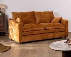 Canapé 2 places contemporain esprit cosy “Odéa” en tissu jaune moutarde