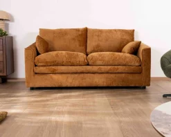 Canapé 2 places contemporain esprit cosy “Odéa” en tissu jaune moutarde