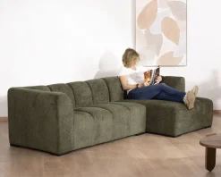 Canapé avec méridienne en tissu bouclette vert 
