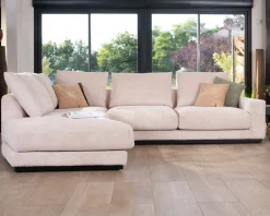 Canapé confort en velours côtelé beige avec méridienne design 
