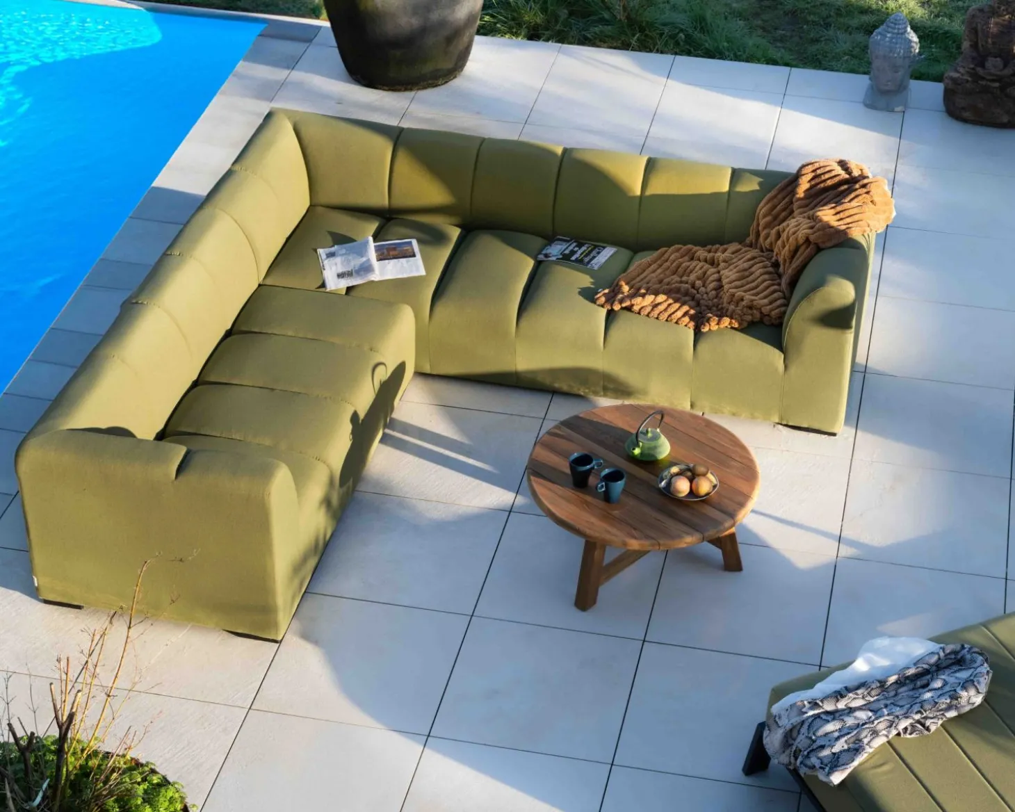 Canapé d'angle haut de gamme spéciale extérieur tissu vert "Terrasse"