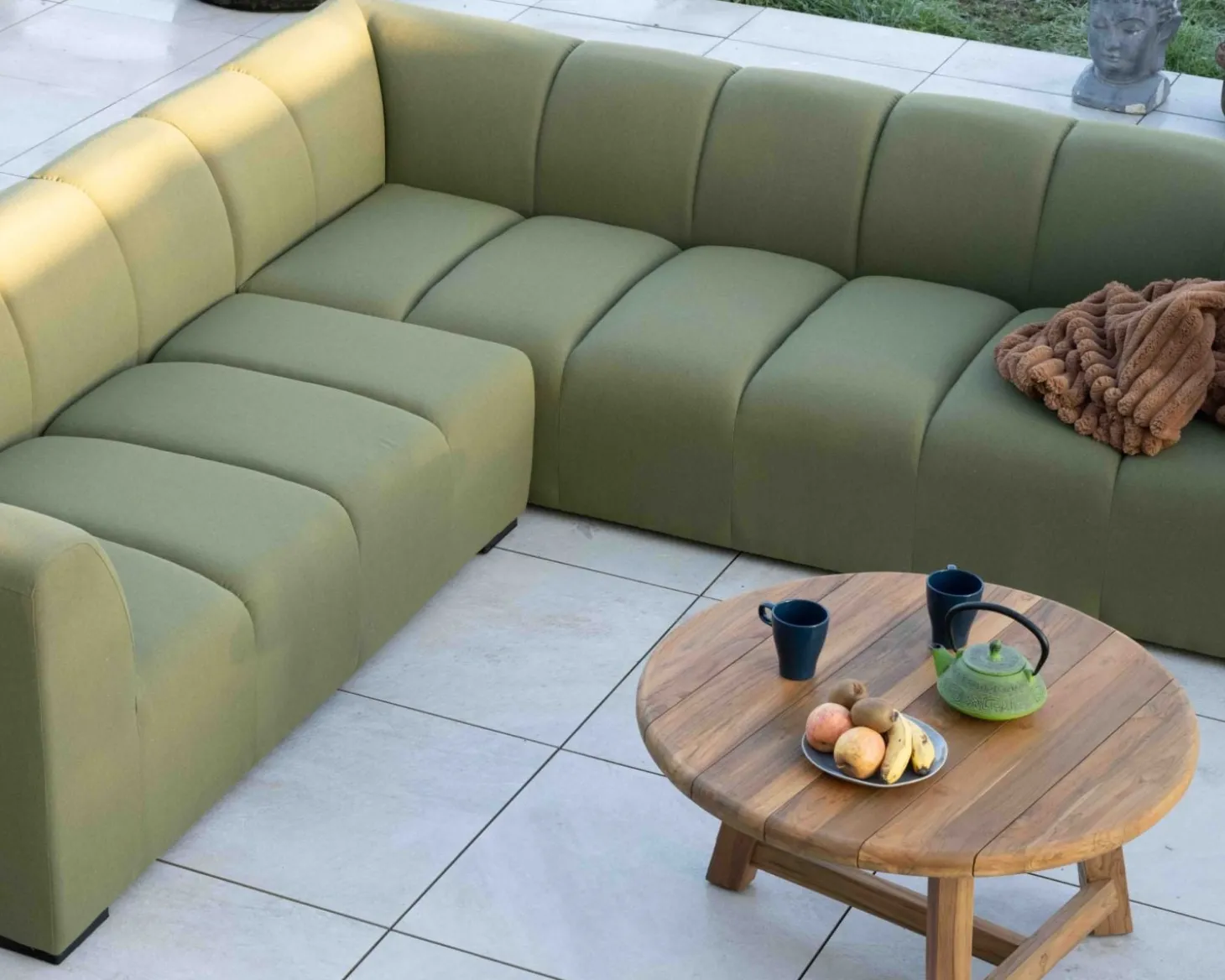 Canapé d'angle haut de gamme spéciale extérieur tissu vert "Terrasse"