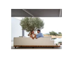Canapé d'angle pour terrasse et jardin en tissu Sunbrella écru "Lombok" retour droit
