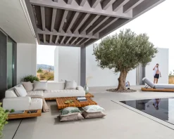 Canapé d'angle pour terrasse et jardin en tissu Sunbrella écru 