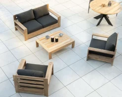 Canapé de jardin 2 places haut de gamme "Zénith" en teck matelassé tissu gris foncé