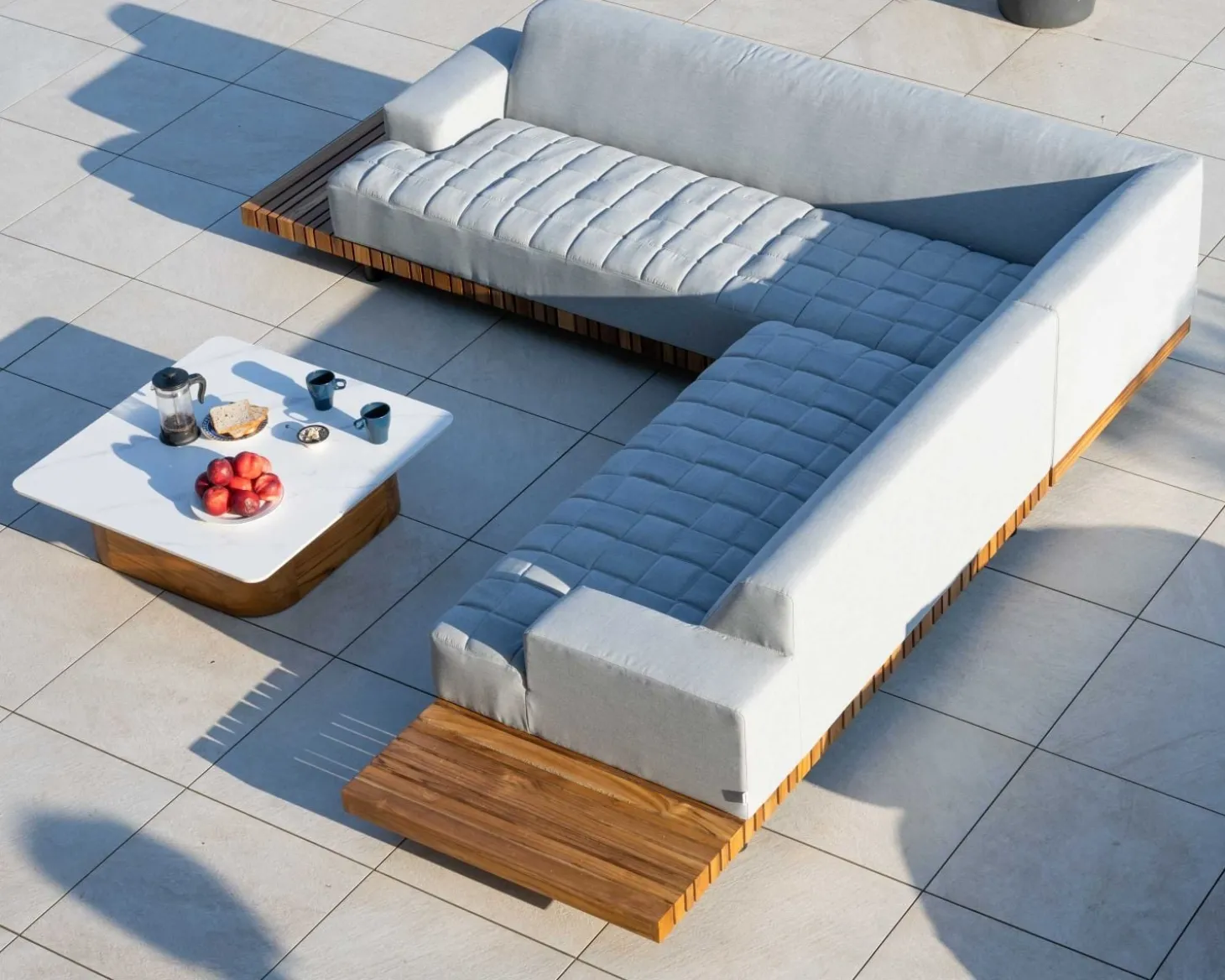 Canapé haut de gamme avec retour droit tissu Sunbrella gris clair "Lombok"