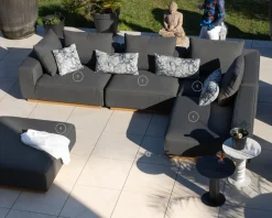 Canapé modulaire d'extérieur en teck et tissu anthracite "Armando" en angle avec ottoman
