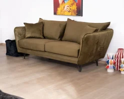 Canapé ultra confort 3 places tissu doux kaki et pieds métal 