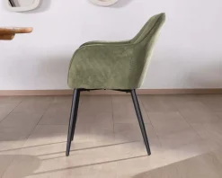 Chaise contemporaine avec accoudoirs "Scotty" en velours vert kaki et pieds métal noir