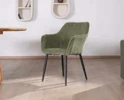 Chaise contemporaine avec accoudoirs "Scotty" en velours vert kaki et pieds métal noir