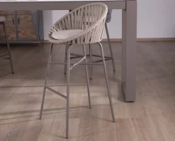Chaise de bar d'extérieur en aluminium gris champagne et dossier en corde tendue
