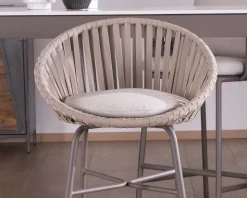 Chaise de bar d'extérieur en aluminium gris champagne et dossier en corde tendue