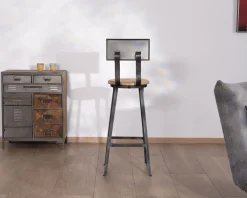 Chaise de bar métal gris antique et bois "Atelier grey" hauteur 110 cm