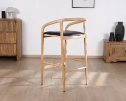 Chaise de bar épurée en acacia naturel et assise PU noir "Vogue"