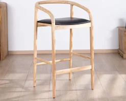 Chaise de bar épurée en acacia naturel et assise PU noir 
