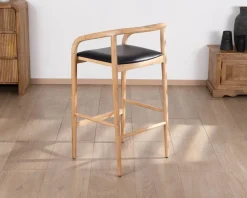 Chaise de bar épurée en acacia naturel et assise PU noir 