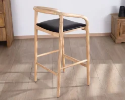 Chaise de bar épurée en acacia naturel et assise PU noir 