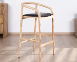 Chaise de bar épurée en acacia naturel et assise PU noir 