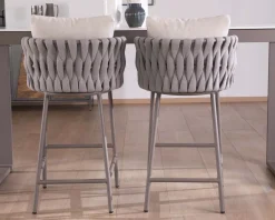 Chaise de bar ultra chic dossier en tissu tressé gris et pieds aluminium 