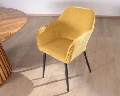Chaise de repas avec accoudoirs en velours côtelé jaune "Scotty" et pieds métal noir
