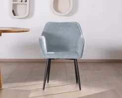 Chaise de repas contemporaine en velours côtelé bleu clair et pieds métal noir 