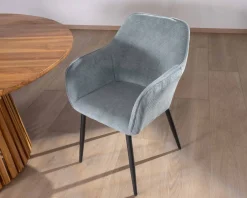 Chaise de repas contemporaine en velours côtelé bleu clair et pieds métal noir 