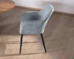 Chaise de repas contemporaine en velours côtelé bleu clair et pieds métal noir 