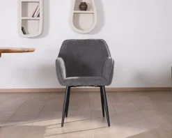 Chaise de repas contemporaine en tissu velours gris foncé "Scotty" avec accoudoirs et pieds métal noir