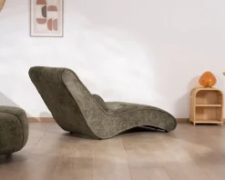 Chaise longue d'intérieur design en tissu chenillé vert foncé 