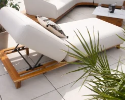 Chaise longue luxueuse teck et tissu écru sans surpiqure 