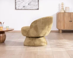 Chauffeuse design enveloppant sur pied 360° en tissu chenillé vert doré 