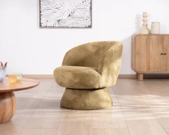 Chauffeuse design enveloppant sur pied 360° en tissu chenillé vert doré 