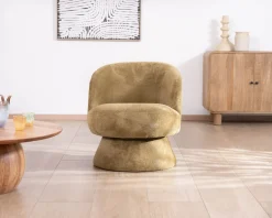 Chauffeuse design enveloppant sur pied 360° en tissu chenillé vert doré 