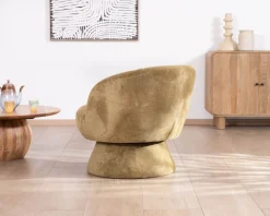Chauffeuse design enveloppant sur pied 360° en tissu chenillé vert doré 