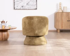 Chauffeuse design enveloppant sur pied 360° en tissu chenillé vert doré 