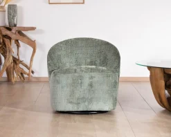 Chauffeuse pivotante en tissu bouclette soyeux vert sauge 