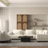 Chauffeuse ronde 120 cm en tissu blanc chiné et coussins velours côtelé "Sweet Culture"