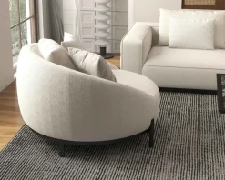 Chauffeuse ronde 120 cm en tissu blanc chiné et coussins velours côtelé "Sweet Culture"