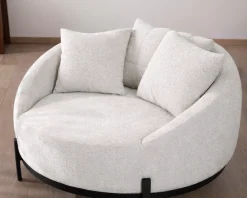 Chauffeuse ronde 120 cm en tissu blanc chiné et coussins velours côtelé 