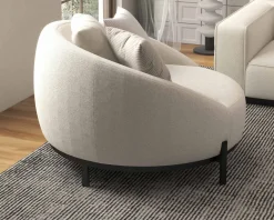 Chauffeuse ronde 120 cm en tissu blanc chiné et coussins velours côtelé 