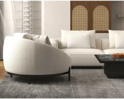 Chauffeuse ronde 120 cm en tissu blanc chiné et coussins velours côtelé 