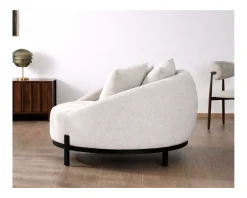 Chauffeuse ronde 120 cm en tissu blanc chiné et coussins velours côtelé 