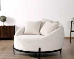 Chauffeuse ronde 120 cm en tissu blanc chiné et coussins velours côtelé 