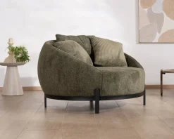 Chauffeuse ronde XL ultra confort en tissu bouclette vert kaki "Sweet Culture" avec déclinaison de coussins