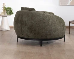 Chauffeuse ronde XL ultra confort en tissu bouclette vert kaki "Sweet Culture" avec déclinaison de coussins