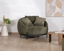 Chauffeuse ronde XL ultra confort en tissu bouclette vert kaki 