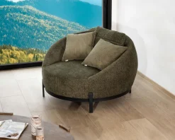 Chauffeuse ronde XL ultra confort en tissu bouclette vert kaki 