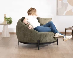 Chauffeuse ronde XL ultra confort en tissu bouclette vert kaki 