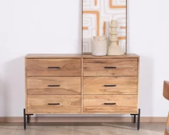 Commode 6 tiroirs "Conoa" acacia et pieds métal noir