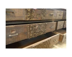 Commode basse apothicaire 195cm "Népalaise" en bois recyclé 6 tiroirs